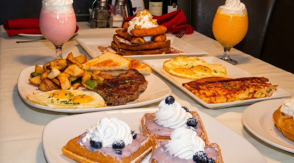 A table laden with various breakfast dishes including steak, eggs, waffles, French toast, and drinks.