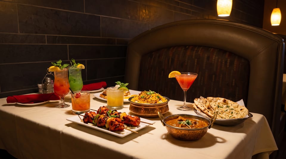 A table laden with colorful Indian dishes like biryani, curry, naan, chicken skewers, and cocktails.