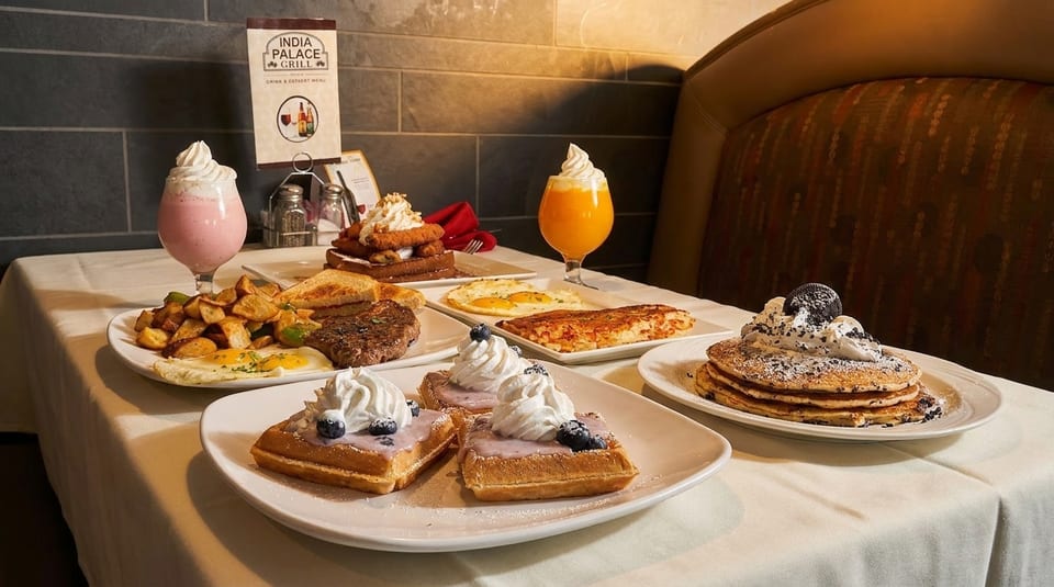 A table laden with various breakfast dishes, including waffles, pancakes, eggs, and drinks.