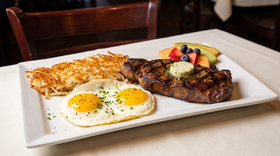 Steak and eggs breakfast with hash browns and fruit on a white plate.