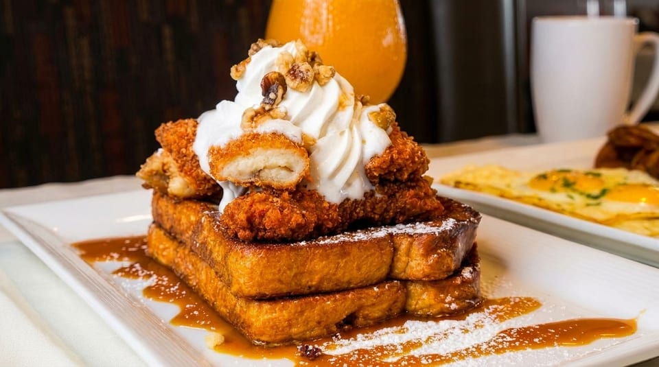 Golden French toast topped with crispy fried chicken, whipped cream, walnuts, and syrup.